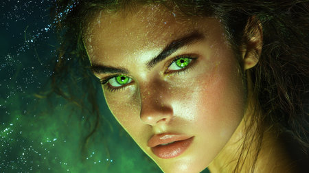 Captivating portrait of a woman with striking green eyes and glowing skin, set against a mystical cosmic background, creating an enchanting and dreamlike aura.の素材