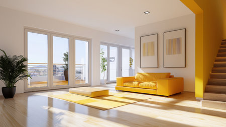 A bright and airy modern living room showcasing a vibrant yellow couch and ample sunlight. This stylish space features wooden flooring, beautiful decor, and inviting views, creating a cozy atmosphere.の素材