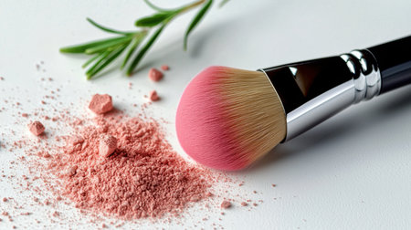 Close-up image of a pink powder and makeup brush on a white surface, accompanied by a fresh herb. Perfect for beauty and cosmetic themes, showcasing artistry.の素材
