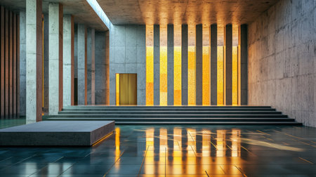 Explore a stunning modern architectural interior featuring concrete walls and warm golden lighting. This space embodies minimalistic design and artistic elegance.の素材