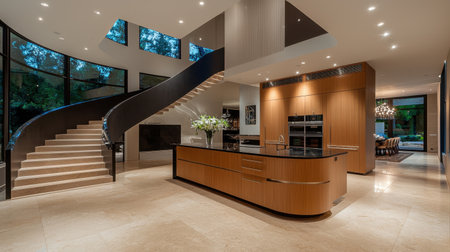 Experience a stunning modern kitchen with stylish design featuring sleek cabinetry, elegant lighting, and a breathtaking staircase, perfect for contemporary living.の素材