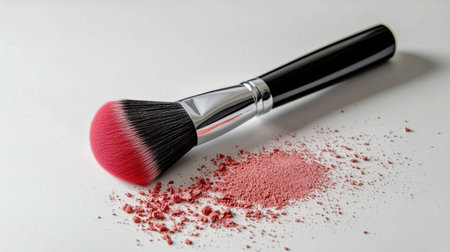 A vibrant makeup brush rests beside a pile of blush powder on a smooth surface. Perfect for beauty artistry or cosmetic product promotion, showcasing elegance and style.の素材