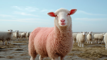 A cheerful pink sheep stands prominently among its herd in a serene pasture. The vibrant colors and fluffy texture capture the beauty of rural life in nature.の素材