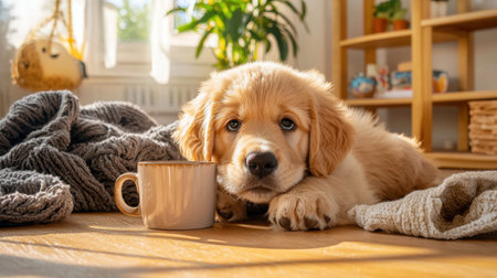 A golden retriever puppy rests beside a cozy mug in a sunlit room, showcasing warmth and tranquility. Perfect for pet lovers and home decor themes.の素材