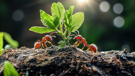 This captivating close-up shows red ants working around a vibrant green plant sprout, symbolizing natureの素材