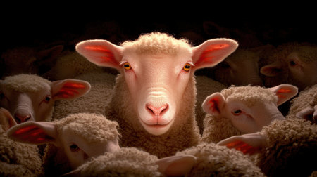 This image captures a close-up view of a sheep surrounded by others in a dark setting. The warm light enhances the soft wool and serene expression.の素材