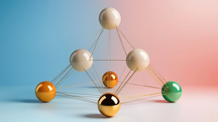 This image features an abstract design of colorful spheres connected by lines, representing creativity and connection. Ideal for modern projects and digital art.の素材