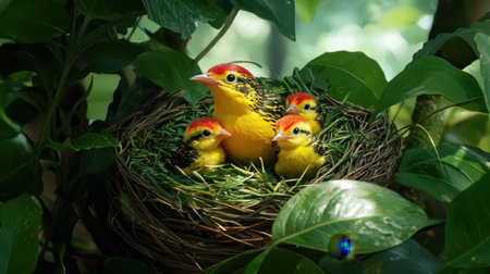 A charming scene featuring colorful birds nestled in a vibrant nest among lush greenery. This image captures the essence of wildlife and nurturing, showcasing nature's beauty.の素材