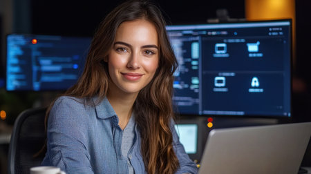 A young professional woman is working on her laptop in a modern office setting, exuding confidence and focus. She is surrounded by multiple computer screens displaying code and software, highlighting a tech-savvy environment.の素材