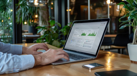 A business professional engages with a laptop in a modern workspace filled with greenery. The setting promotes focus and productivity, ideal for remote work.の素材