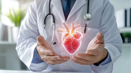A healthcare professional holds a glowing heart symbol, representing compassion and advanced medical technology in a clinical setting, emphasizing health and wellness.の素材