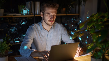 A focused man works on his laptop in a cozy home office, surrounded by plants and illuminated by digital graphics, showcasing modern technology and productivity.の素材