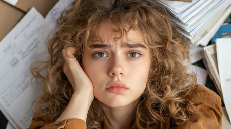 A young woman shows her frustration surrounded by piles of paperwork. Her expression conveys feelings of stress and overwhelm in a chaotic workspace.の素材