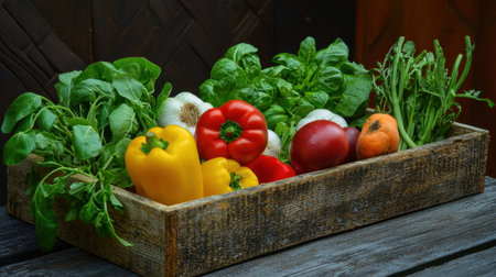 A vibrant assortment of fresh vegetables including peppers, garlic, and herbs displayed in a rustic wooden box on a tabletop, showcasing healthy eating and natural ingredients.の素材