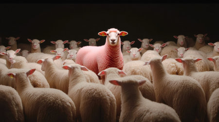 A striking image of a unique pink sheep standing confidently amidst a flock of white sheep. This scene captures individuality and creativity in a rural setting with dramatic lighting and contrasting colors.の素材