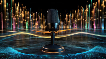 A vintage microphone stands prominently in front of colorful soundwave visualizations, creating a dynamic ambiance perfect for music and performance themes.の素材