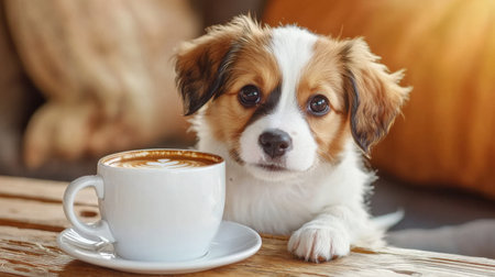 An adorable puppy curiously gazes at a coffee cup on a wooden table, creating a cozy and warm cafの素材