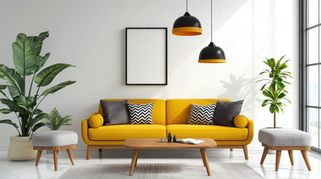 Bright and inviting living room featuring a yellow sofa, stylish dの素材