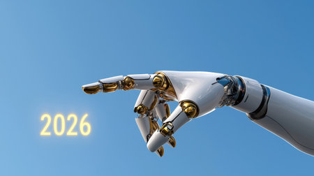 A futuristic robotic hand reaching upward symbolizes innovation and advancement in technology. The year 2026 hints at a promising future in automation.の素材