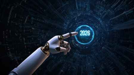 A futuristic robot hand elegantly points at the glowing year 2026 in a captivating 3D digital environment, symbolizing advancement and innovation in technology.の素材