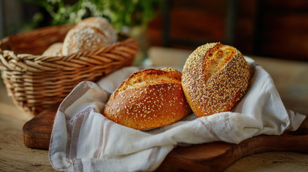 Two freshly baked bread rolls with sesame seeds sit atop a wooden board. A basket filled with additional rolls sits in the background, creating a warm, inviting scene.の素材