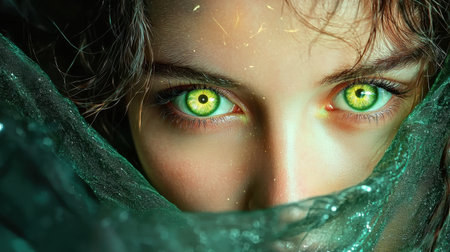 This close-up portrait captures the captivating green eyes of a woman, framed by her textured hair. The intense gaze conveys deep emotion and intrigue, set against an ethereal backdrop.の素材