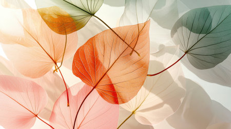 This artistic composition features delicate colorful leaves, showcasing transparency and a soft light effect. Ideal for nature-themed designs and decor.の素材