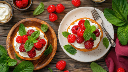 This delicious dessert features a moist cake topped with whipped cream and fresh raspberries, beautifully garnished with mint leaves. Perfect for summer gatherings!の素材