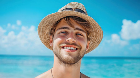 A young man wearing a straw hat smiles brightly against a stunning beach backdrop. The photo captures the essence of summer, joy, and carefree moments by the ocean.の素材