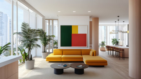 Bright and airy living room featuring a yellow sofa, abstract art, and city skyline views. Indoor plants enhance the modern decor in this stylish urban space.の素材
