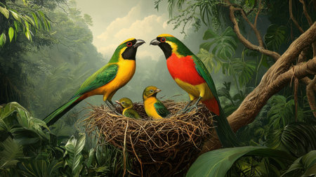 A vivid scene featuring colorful tropical birds nesting in a lush jungle. The birds are caring for their young, showcasing nature's beauty and wildlife.の素材
