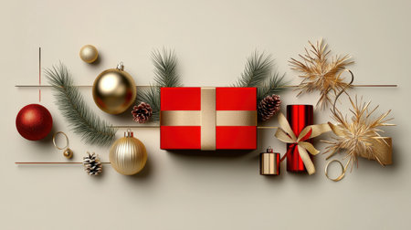 A beautifully arranged Christmas gift scene featuring a red present, gold ornaments, and pine elements, creating a warm festive atmosphere for holiday celebrations.の素材