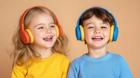 Two joyful children with colorful headphones share a playful moment while smiling broadly. Their laughter captures the essence of friendship and innocence.の素材