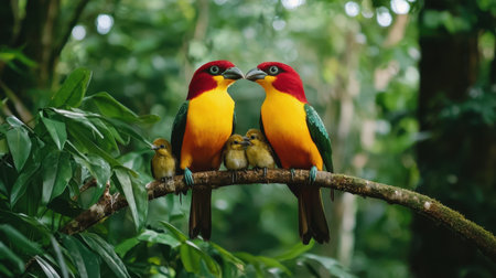 A pair of vibrant tropical birds perches on a branch, surrounded by lush greenery. Their vivid colors stand out as they protect and nurture their adorable chicks. Perfect for nature enthusiasts.の素材