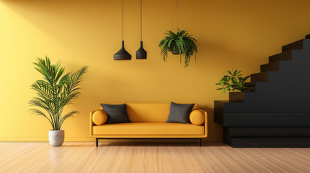 A stylish living room featuring a cozy yellow sofa, indoor plants, and modern design elements. The bright walls and sleek staircase invite relaxation and creativity.の素材