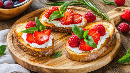 This image features a delightful arrangement of toast topped with fresh strawberries, raspberries, and mint on a rustic wooden board, perfect for breakfast or brunch.の素材