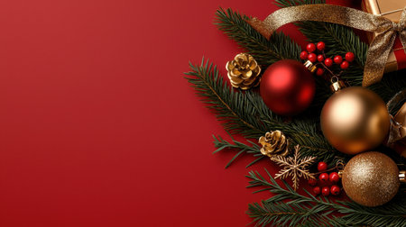 A vibrant arrangement of Christmas ornaments and pine on a rich red background, perfect for holiday themes, celebrations, and festive occasions.の素材