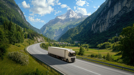 A truck travels along a winding road surrounded by breathtaking mountains and lush greenery. The image captures the essence of adventure and scenic beauty.の素材
