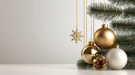 A stylish arrangement of elegant gold and silver ornaments hanging from pine branches, perfect for festive winter decor. Ideal for holiday themes.の素材