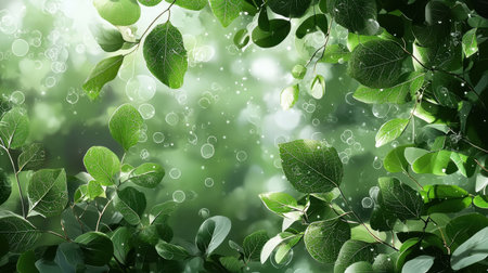 A beautiful close-up of lush green leaves with delicate bubbles and a soft light background. Perfect for nature-inspired themes and fresh environments.の素材