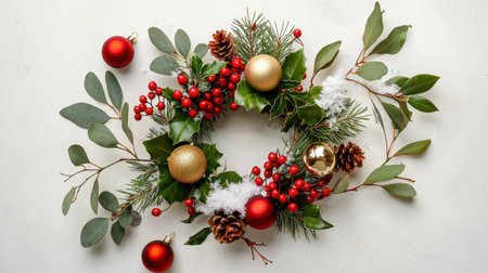 A beautifully crafted holiday wreath showcasing red and gold ornaments, pinecones, and lush greenery. Perfect for festive decorations and celebrations.の素材