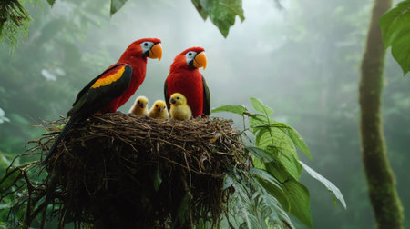 Two vibrant red parrots care for their chicks in a lush forest nest. The misty atmosphere enhances the tranquility of their natural habitat, showcasing wildlife beauty.の素材