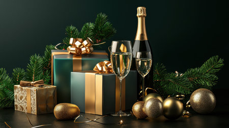 A captivating arrangement features elegant gifts, champagne, and festive decorations, perfect for holiday celebrations. Set the mood for joy and togetherness.の素材