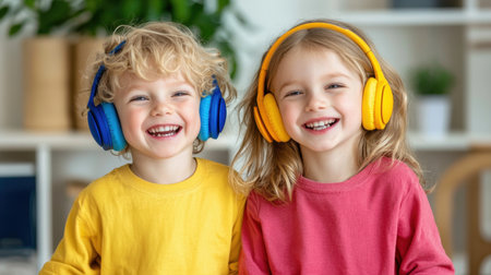 Two joyful children wearing colorful headphones share a moment of music at home. Their bright smiles reflect the happiness and innocence of childhood.の素材