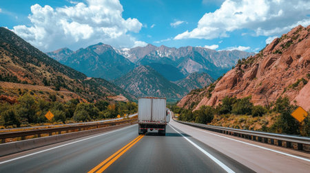 A scenic view of a truck traveling along a winding mountain road under a vibrant blue sky with fluffy clouds. The landscape features stunning rocky peaks and greenery.の素材