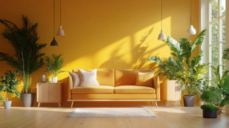 A bright living room featuring a yellow sofa surrounded by lush green plants, creating a warm and inviting atmosphere filled with natural light, perfect for relaxation.の素材
