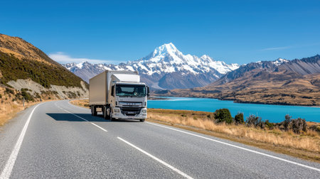 A truck travels along a winding road bordered by mountains and a shimmering lake, showcasing the beauty of nature and the spirit of adventure.の素材