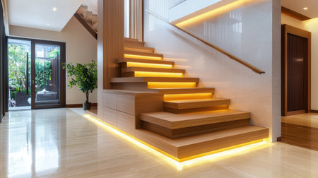 This image showcases a modern interior featuring a stylish wooden staircase illuminated with warm lighting, creating an inviting and cozy atmosphere.の素材
