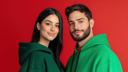 A charming young couple poses together in matching green hoodies, showcasing their smiles against a striking red background. The image radiates positivity and connection.の素材
