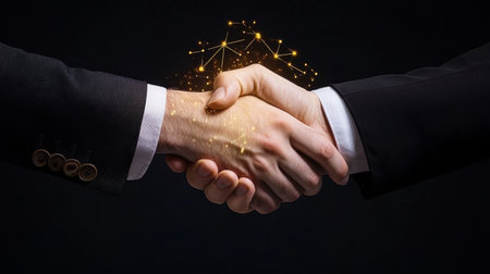 A powerful visual of a handshake symbolizing business partnership, enhanced by a digital network effect, representing innovation and collaboration in modern commerce.の素材